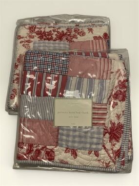 Pottery Barn Red, Blue & Cream Patchwork Quilted Shams (2) 26x26 Americana Vibes